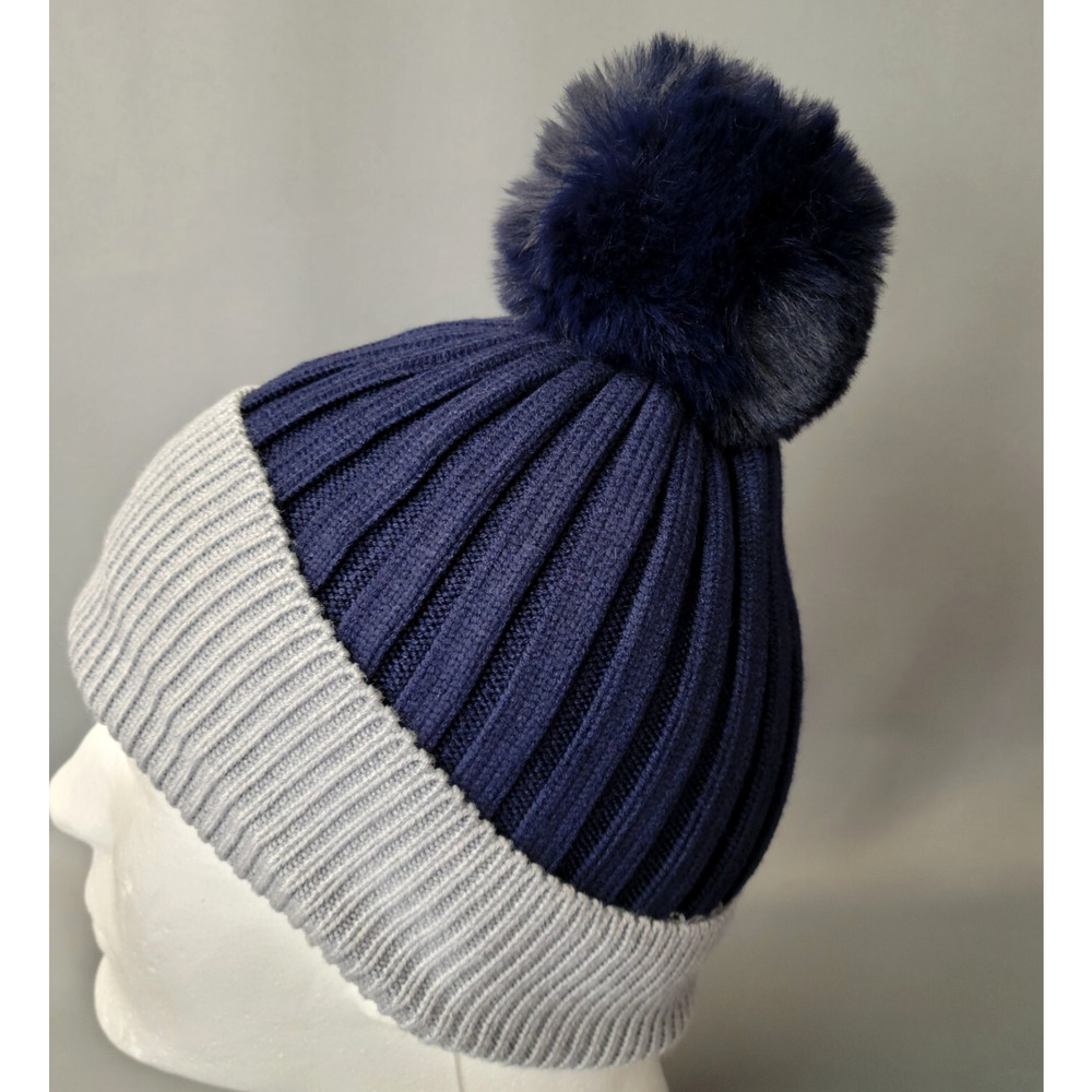 NWOT Pom Pom Hat Cap One Size Blue Gray Ribbed Warm Fleece Lined Winter Outdoorโ